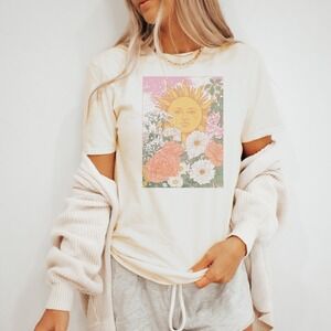 Celestial Sun Face Floral Graphic Tee Botanical Retro Art